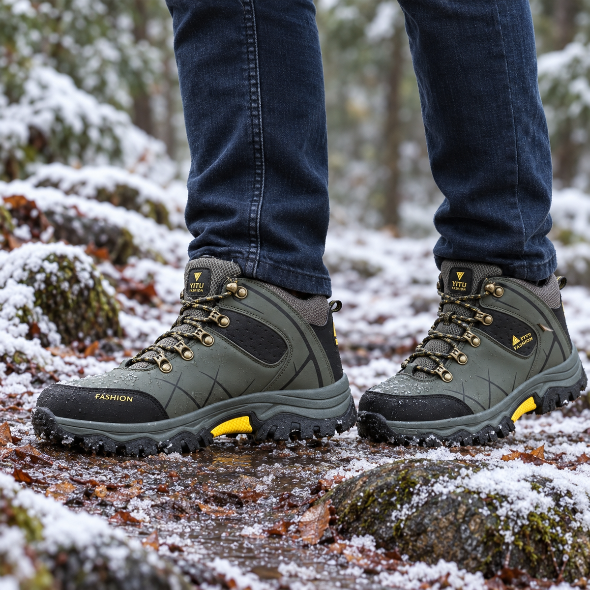 Paire de chaussures randonnée hiver imperméables vertes portée sur sentier humide enneigé