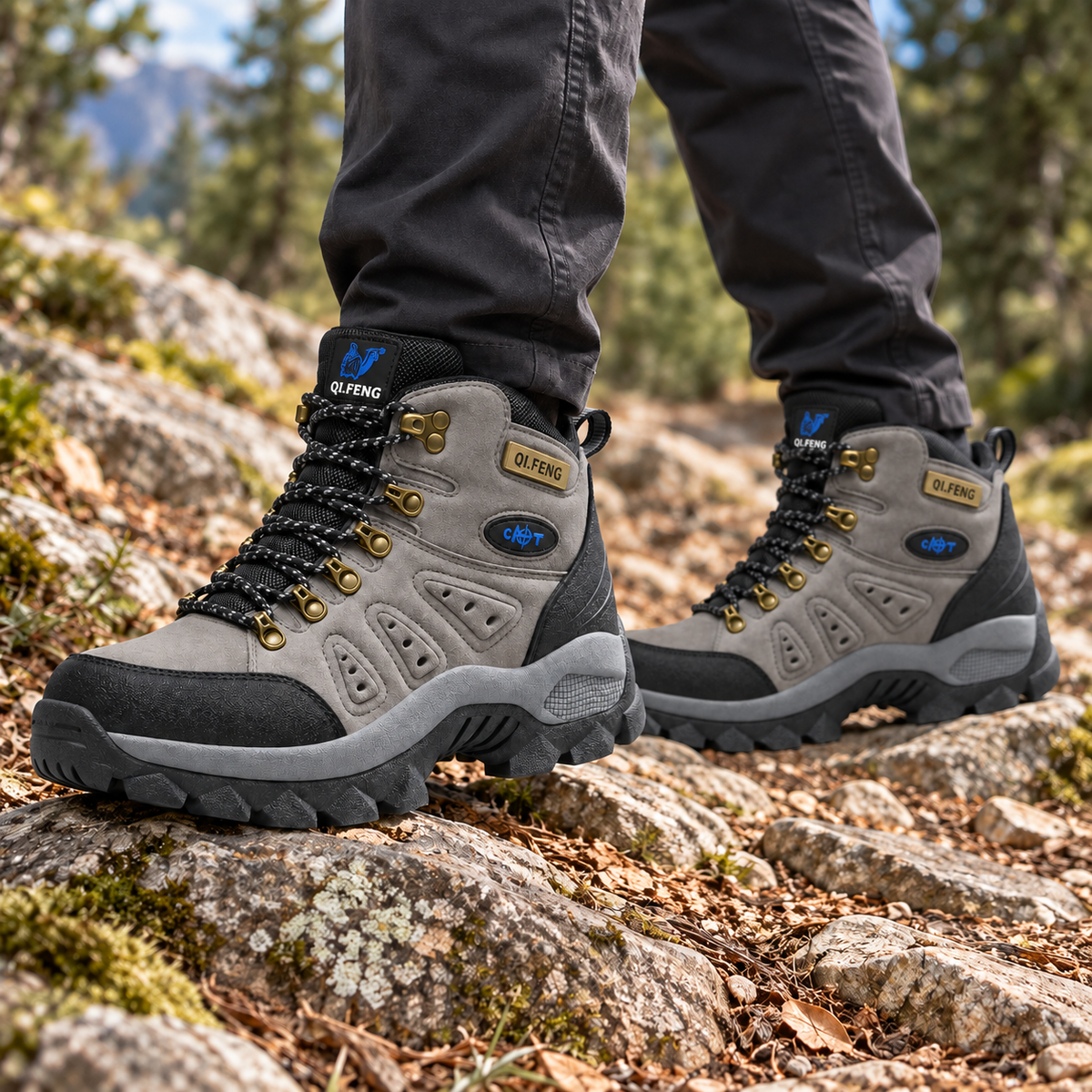 Paire de chaussures randonnée homme cramponnables grises portée sur sentier rocheux