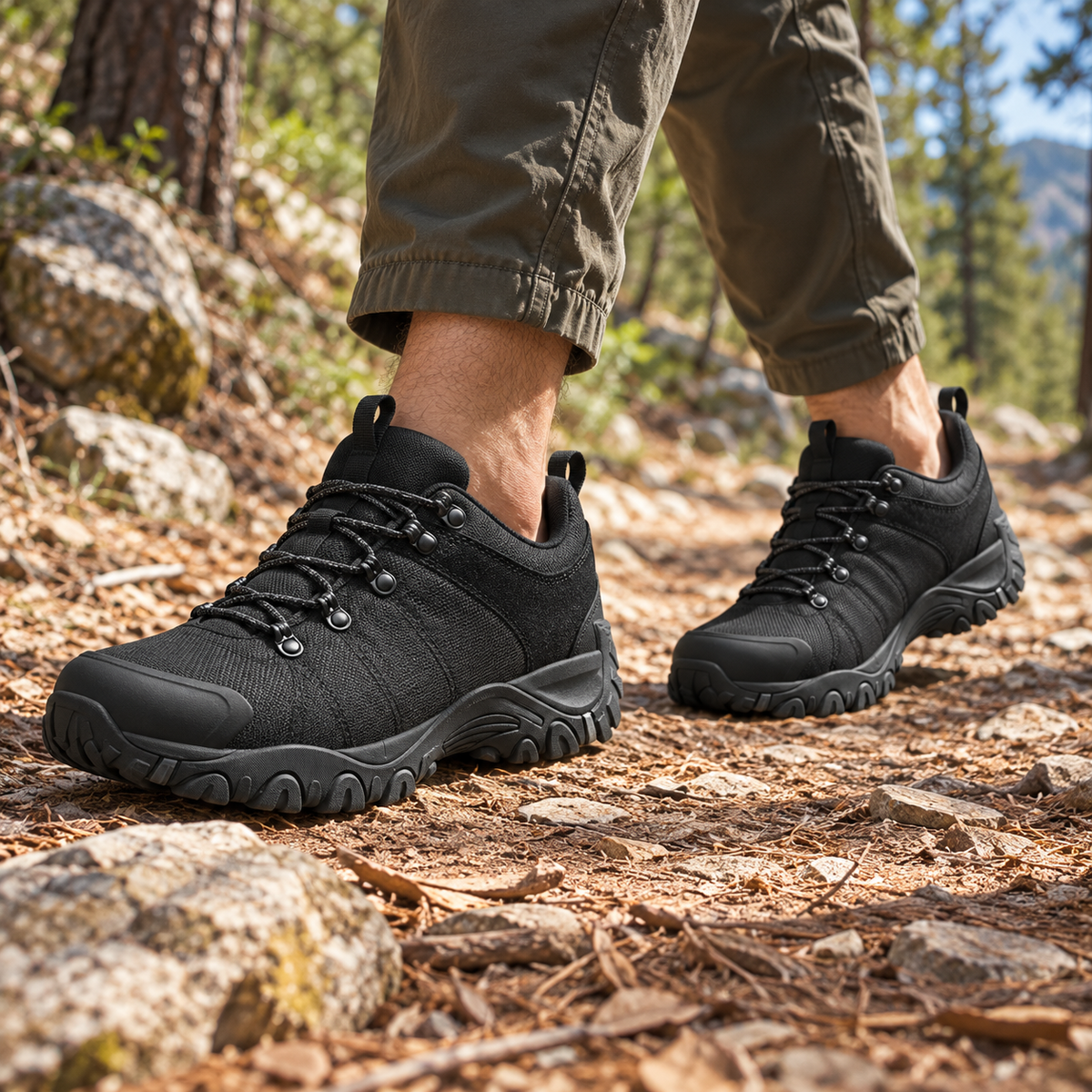 Paire de chaussures randonnée homme noires portée sur un sentier sec