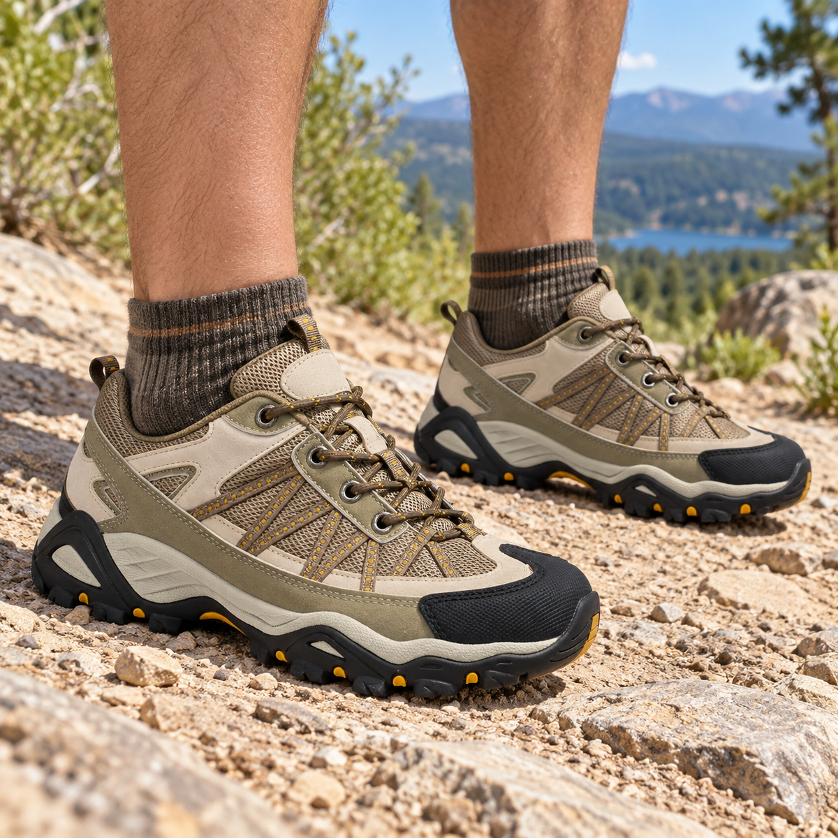 Paire de chaussures randonnée homme respirantes kaki portée sur sentier sec