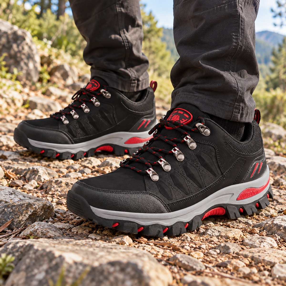 Paire de chaussures randonnée homme vegan noires portée sur un sentier rocheux