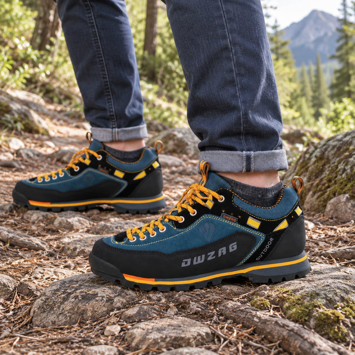 Paire complète de chaussures randonnée jaune portée sur sentier avec deux pieds visibles