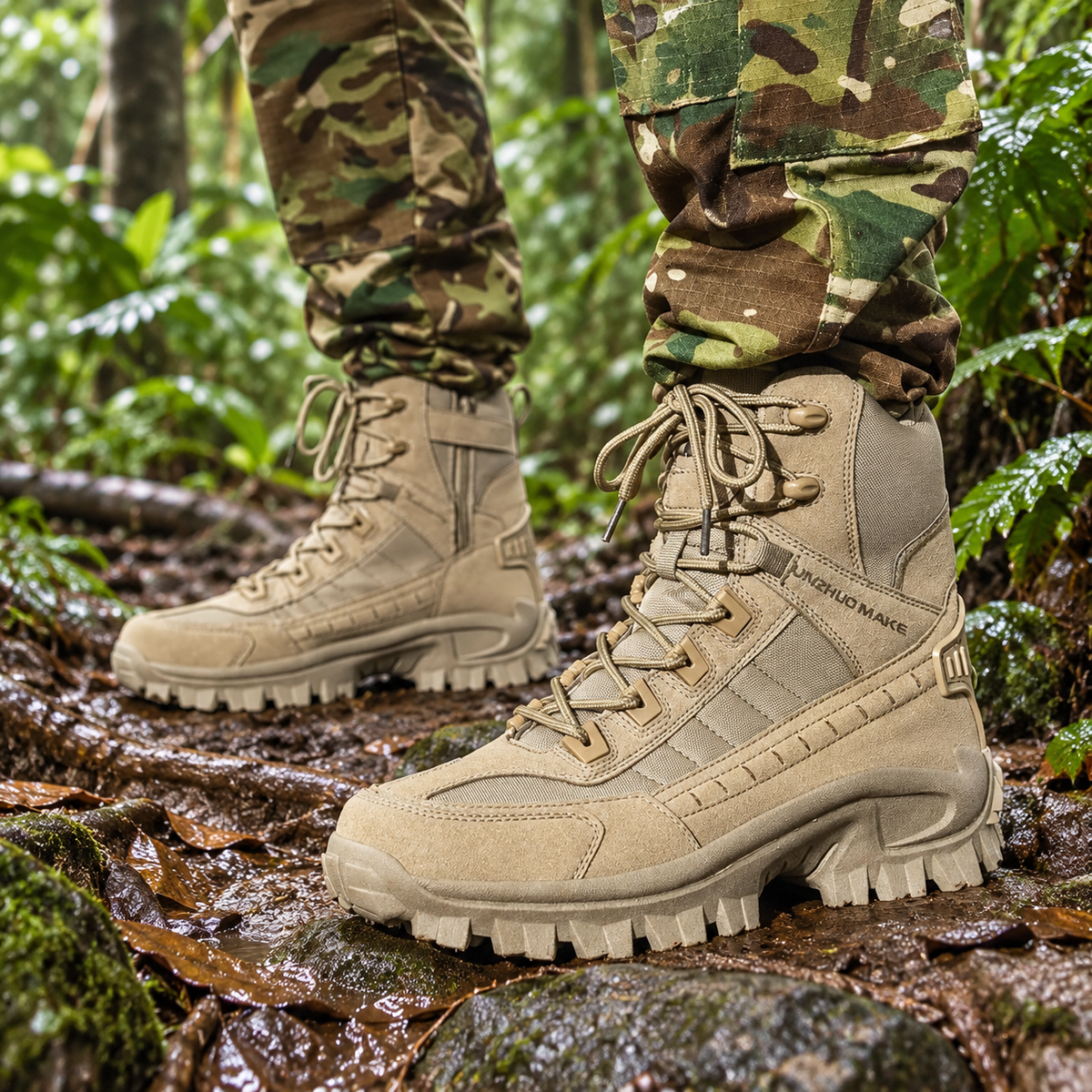Paire de chaussures randonnée jungle beiges portée sur sentier humide