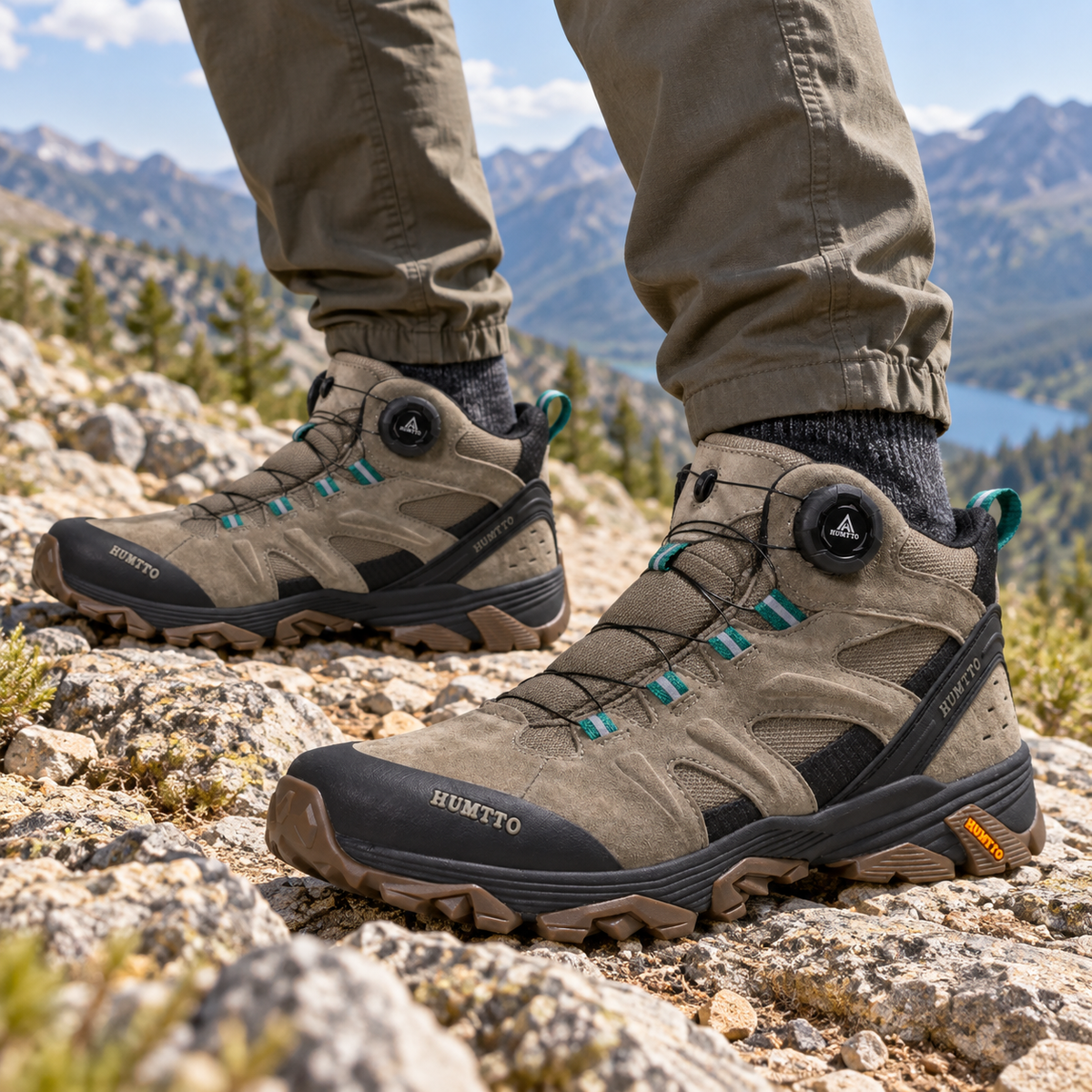 Paire de chaussures randonnée maintien cheville kaki portée avec deux pieds sur sentier rocheux