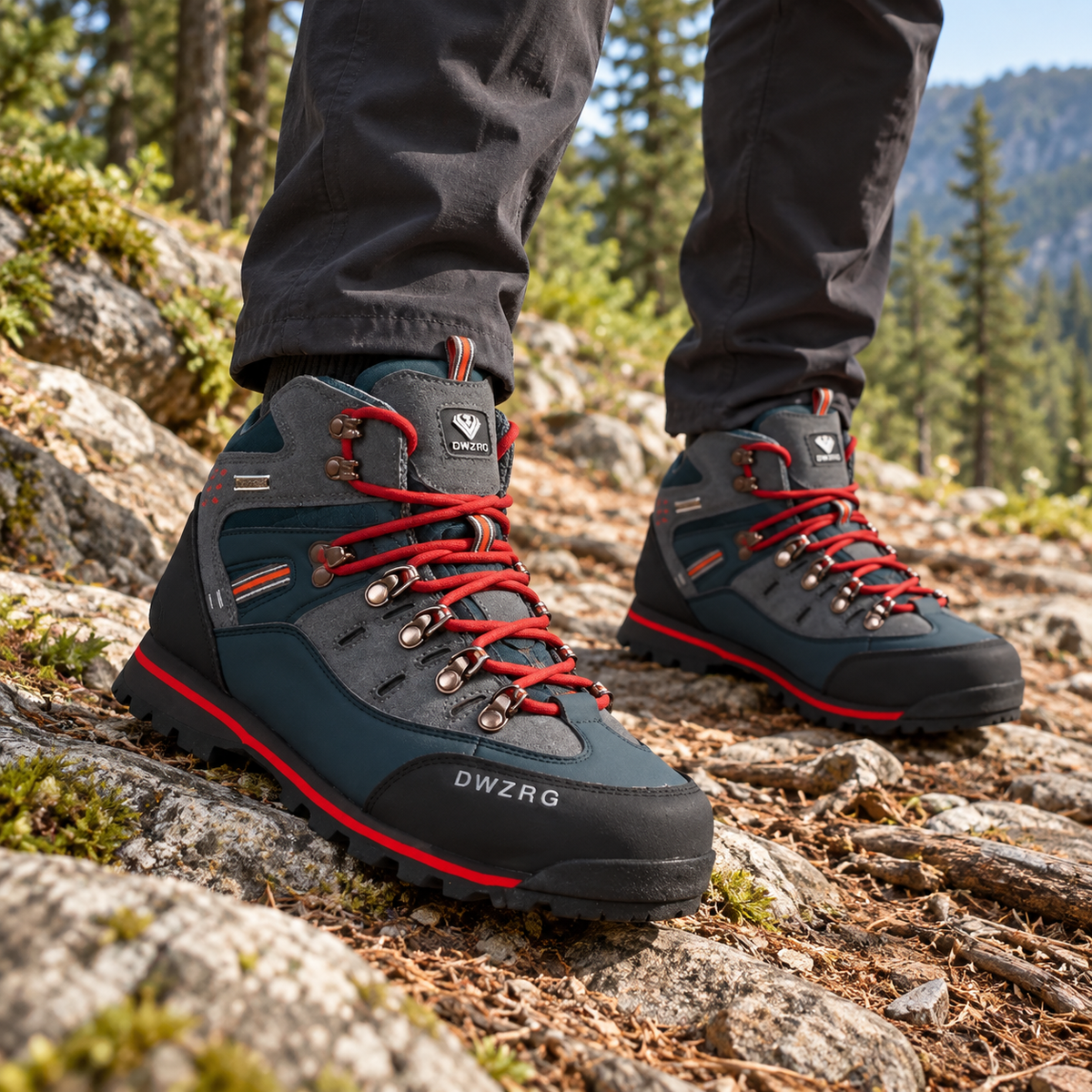 Paire de chaussures randonnée mid homme rouges portée sur sentier rocheux