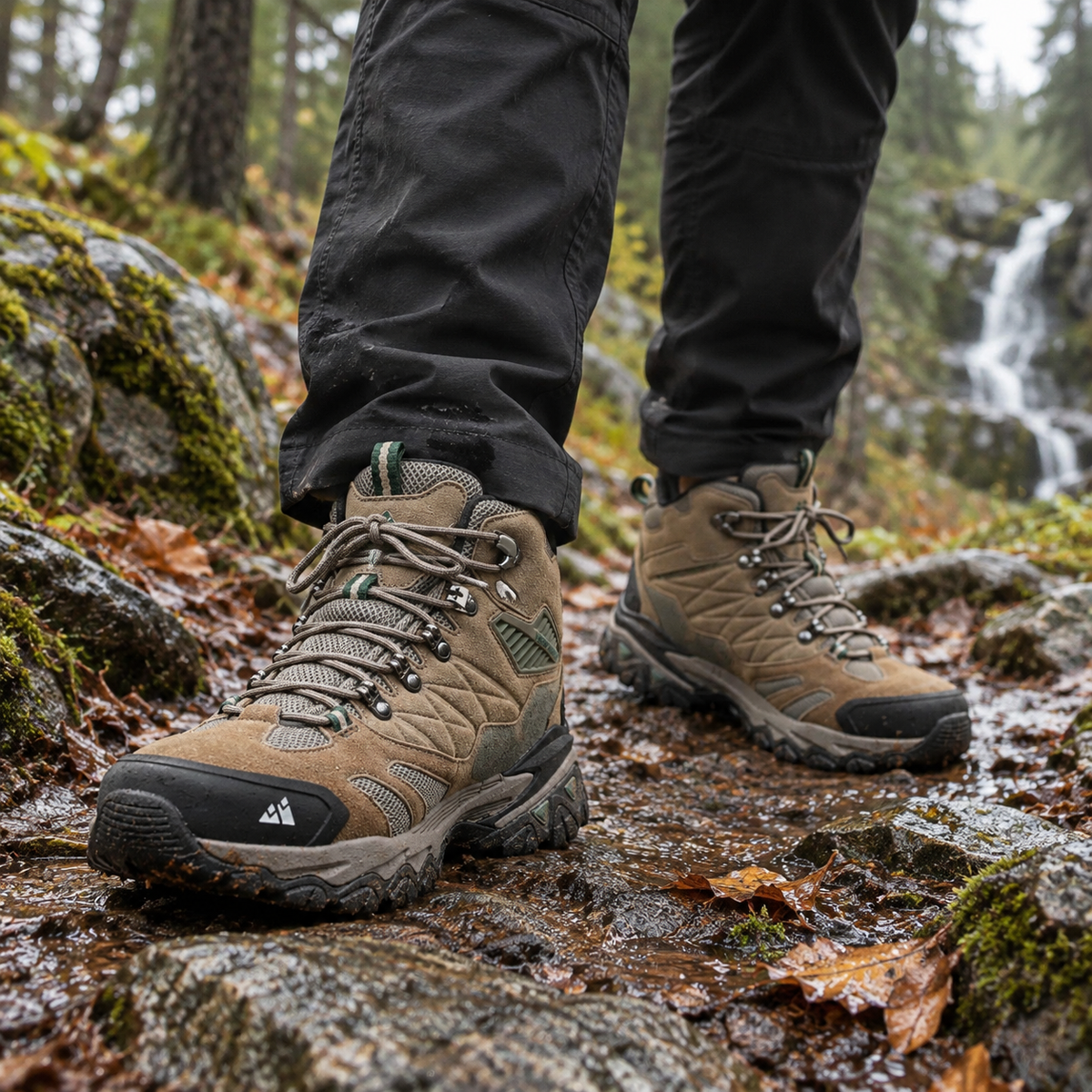 Paire de chaussures randonnée militaires kaki portée sur sentier, deux pieds visibles