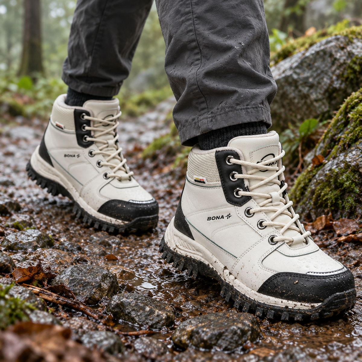 Chaussures randonnée montantes imperméables Beige portées sur un sentier humide