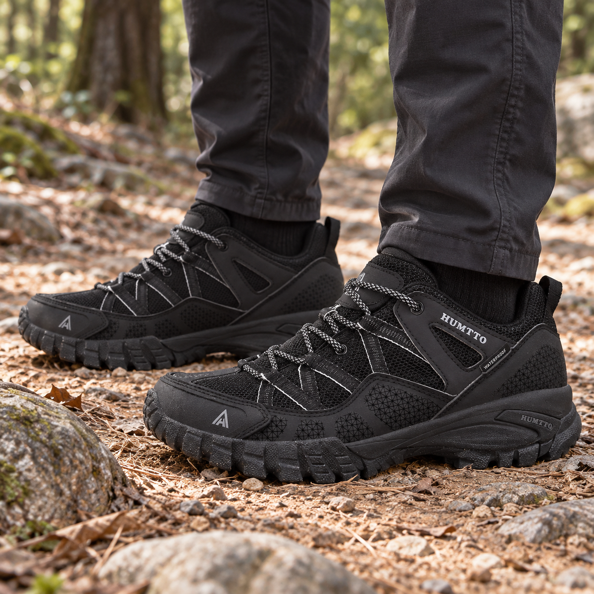 Paire de chaussures randonnée noires basses portée sur un sentier forestier