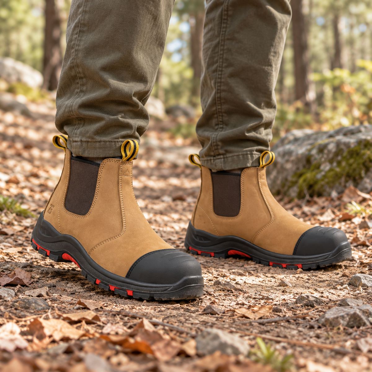 Paire de chaussures randonnée nubuck Marron claire portée sur sentier forestier