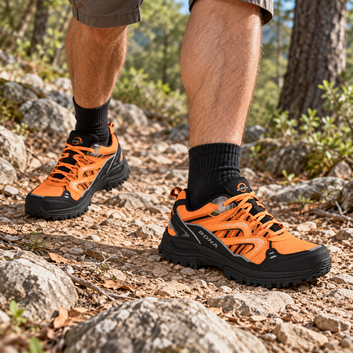 Chaussures randonnée orange portées sur sentier – deux pieds visibles