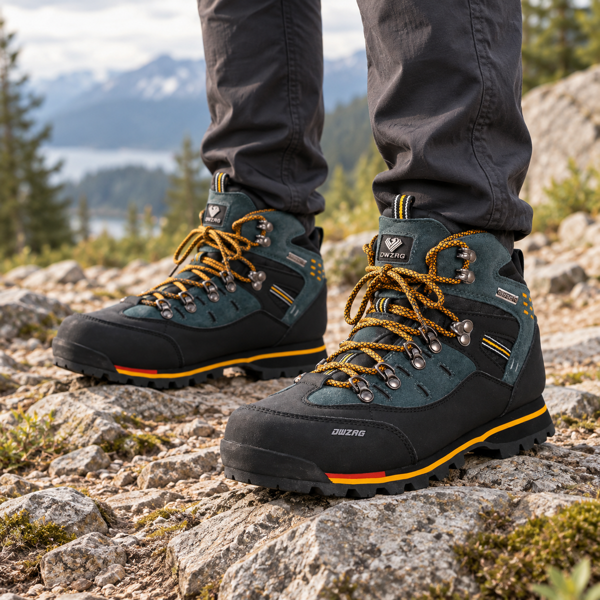 Paire de chaussures randonnée pied large homme Vertes portée sur un sentier de montagne