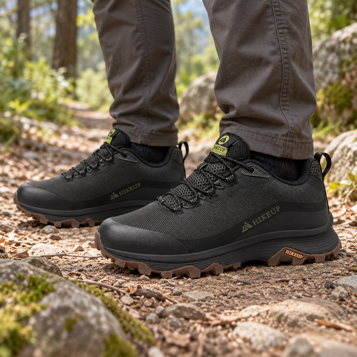 Paire de chaussures randonnée pied plat Noires portée sur un sentier forestier