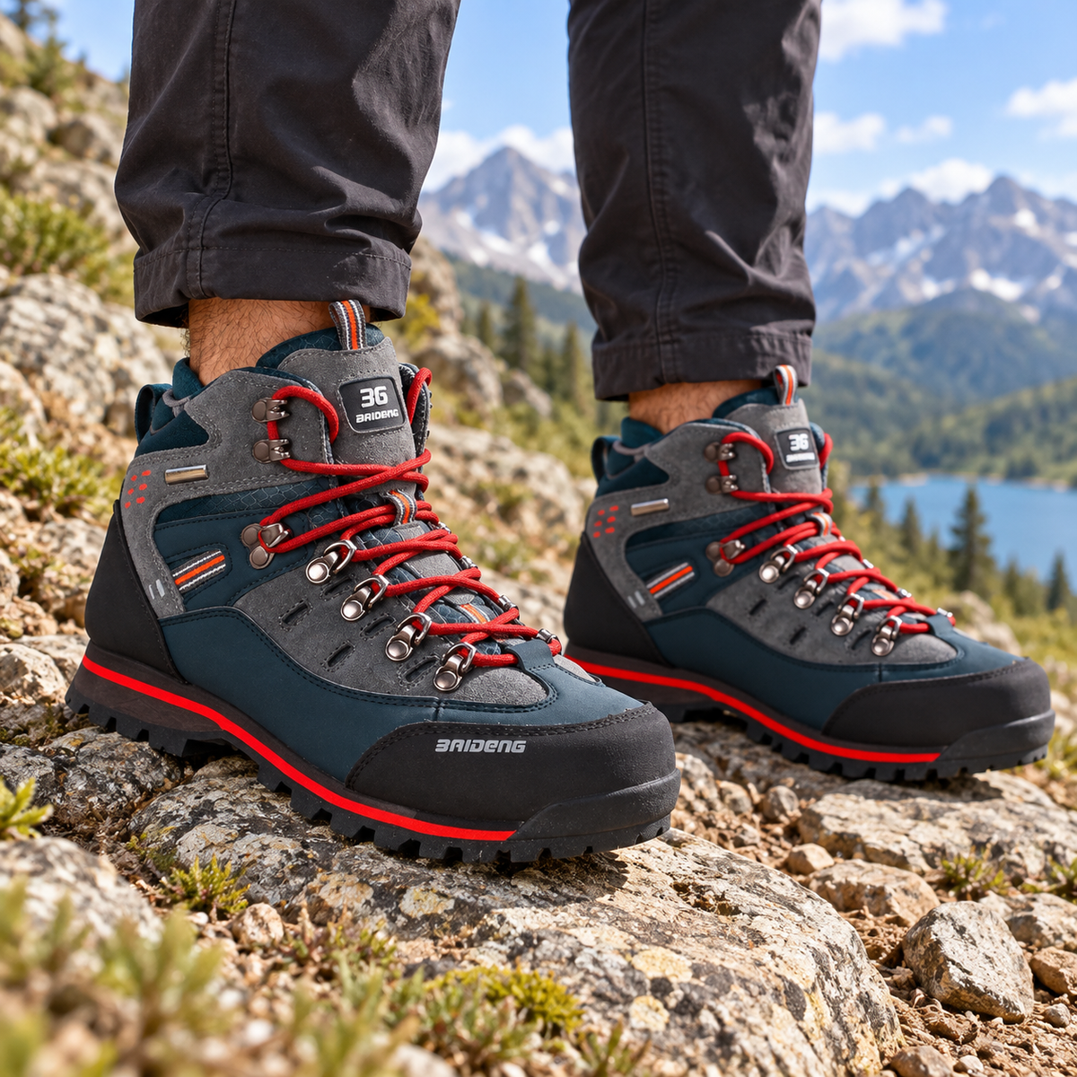 Paire de chaussures randonnée orange portée sur sentier rocheux