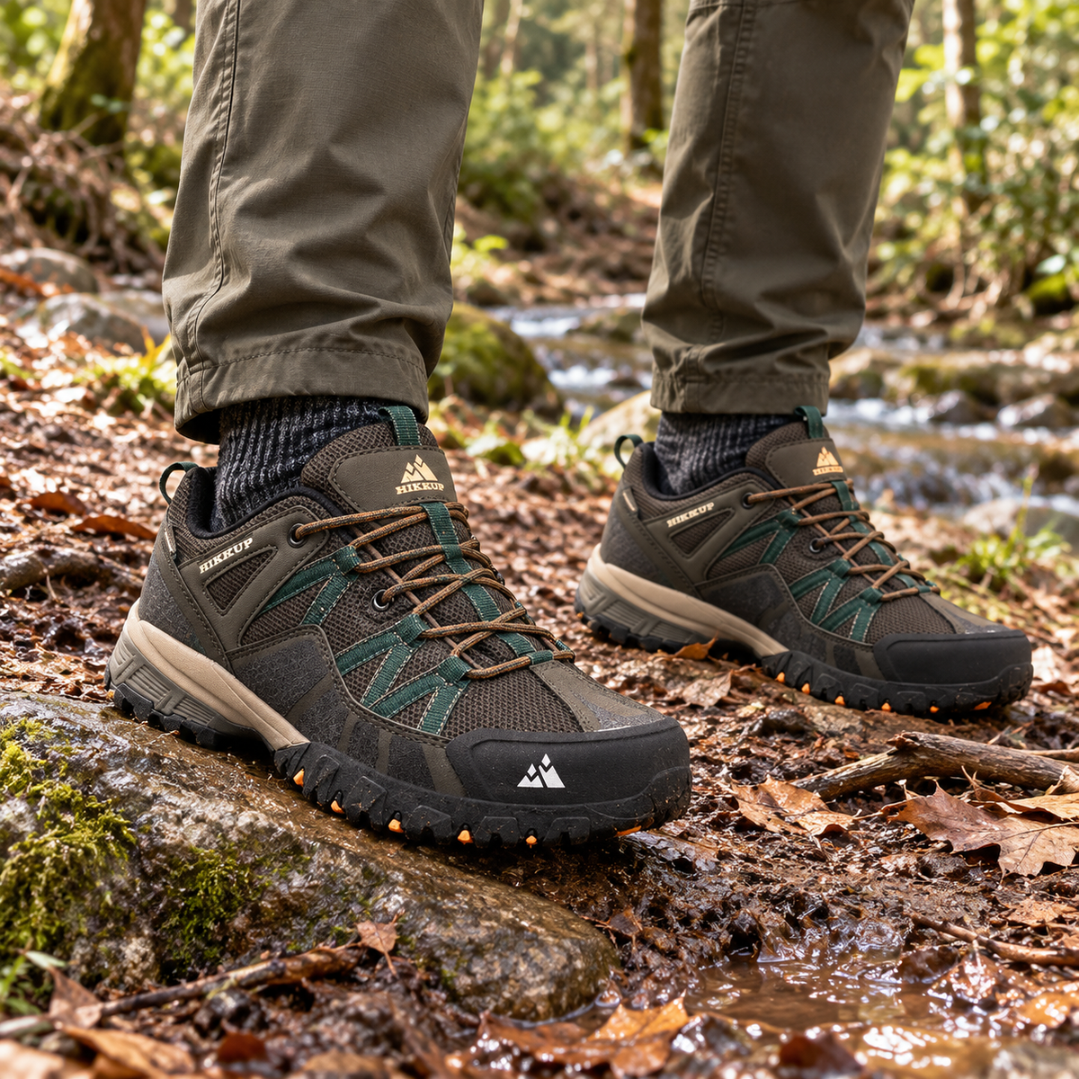Paire de chaussures randonnée toute saison vert olive portée sur sentier humide
