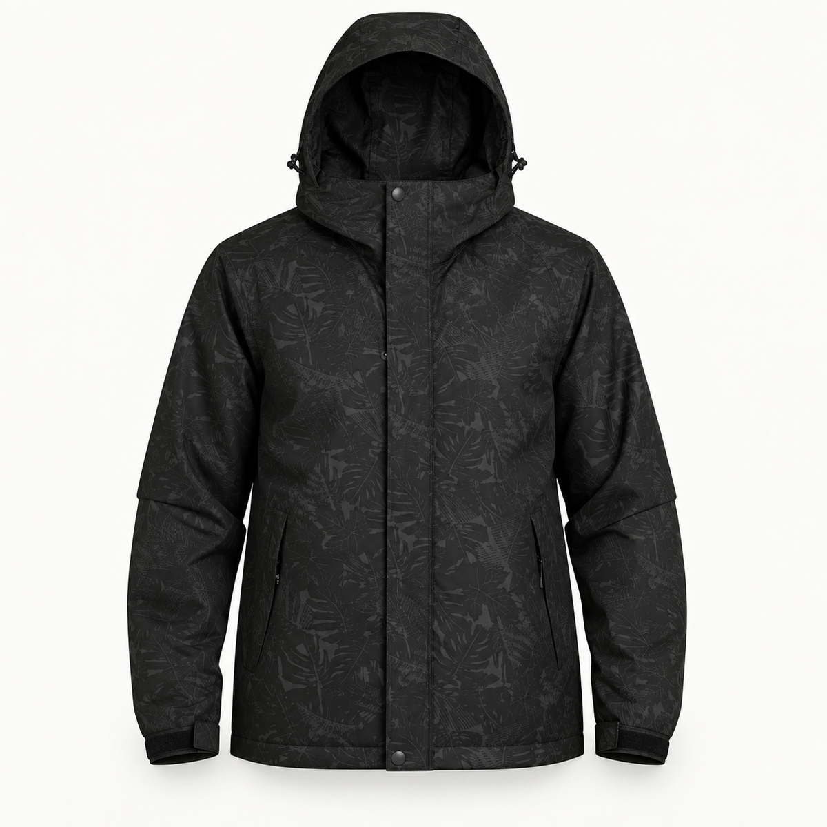 Veste randonnée printemps noire à motif végétal – vue de face