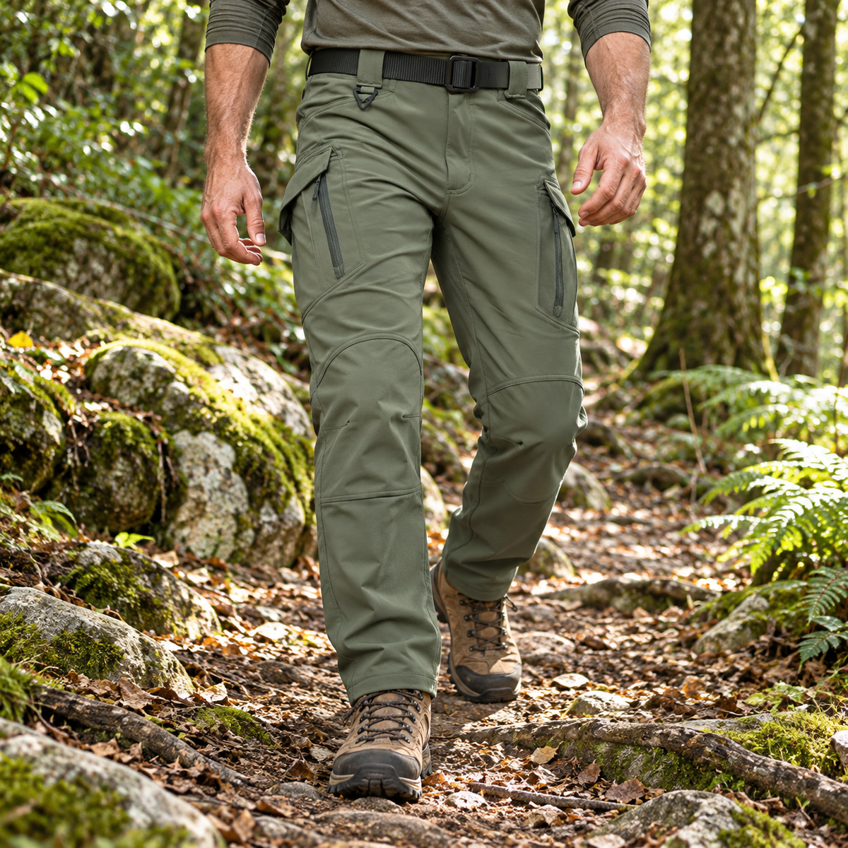 Pantalon cargo randonnée homme vert olive porté en forêt