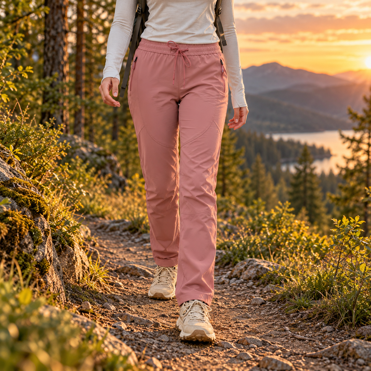 Pantalon randonnée anti moustique femme rose poudré porté sur un sentier en soirée
