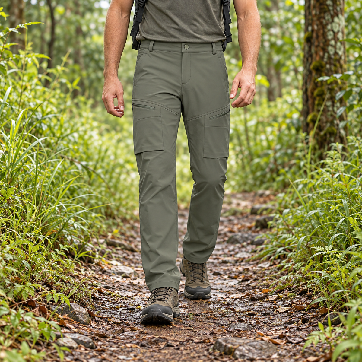 Pantalon randonnée anti moustique vert porté en sous-bois