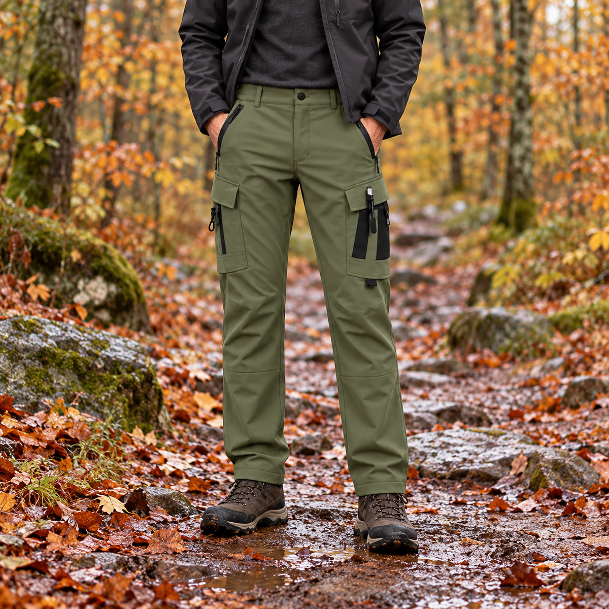 Pantalon randonnée automne homme vert porté de face sur sentier