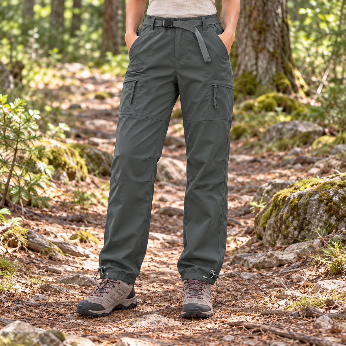 Pantalon randonnée femme coton gris porté de face sur sentier