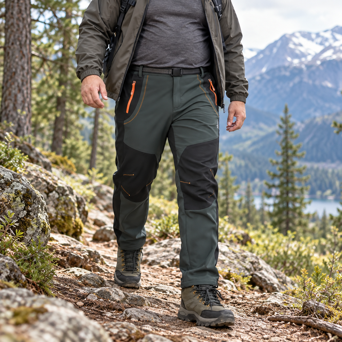 Pantalon de randonnée homme grande taille vert foncé et noir porté sur sentier
