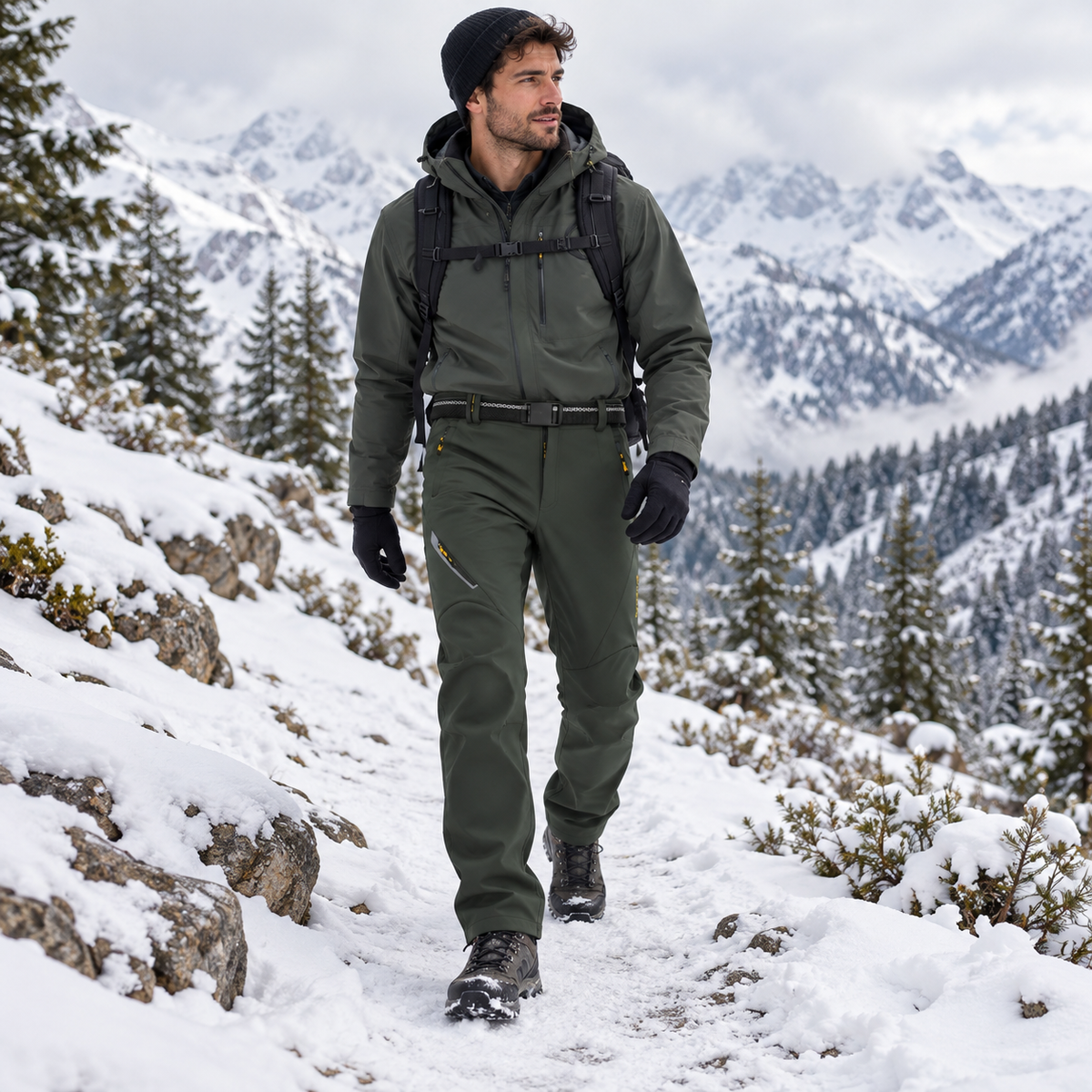 Pantalon randonnée neige homme vert foncé porté sur un sentier enneigé