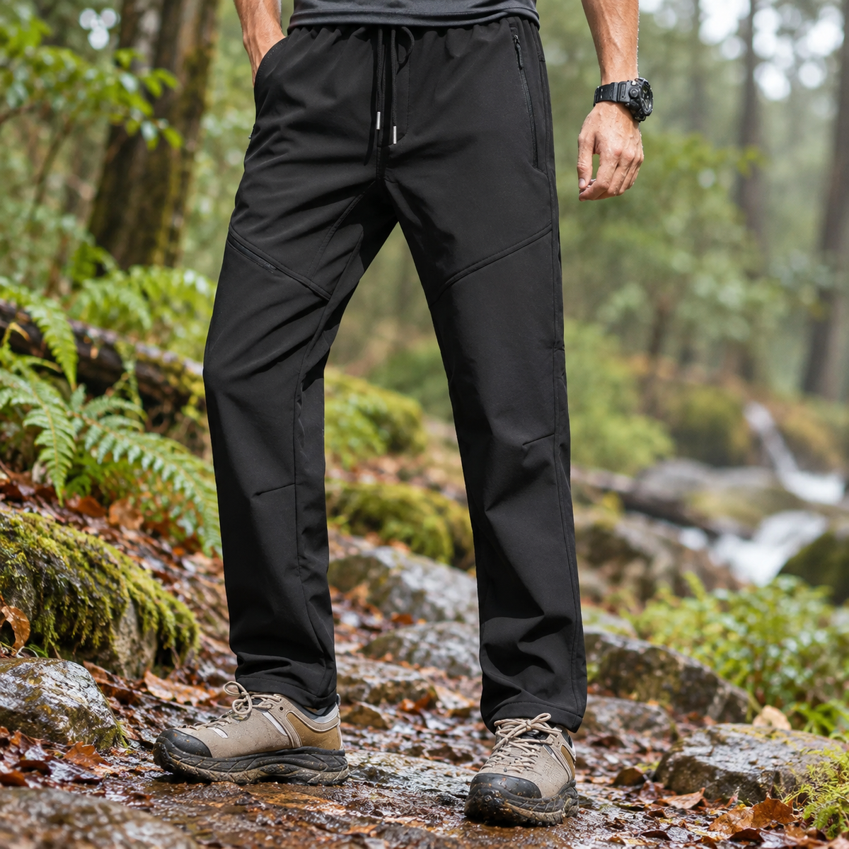 Pantalon randonnée noir porté sur sentier humide