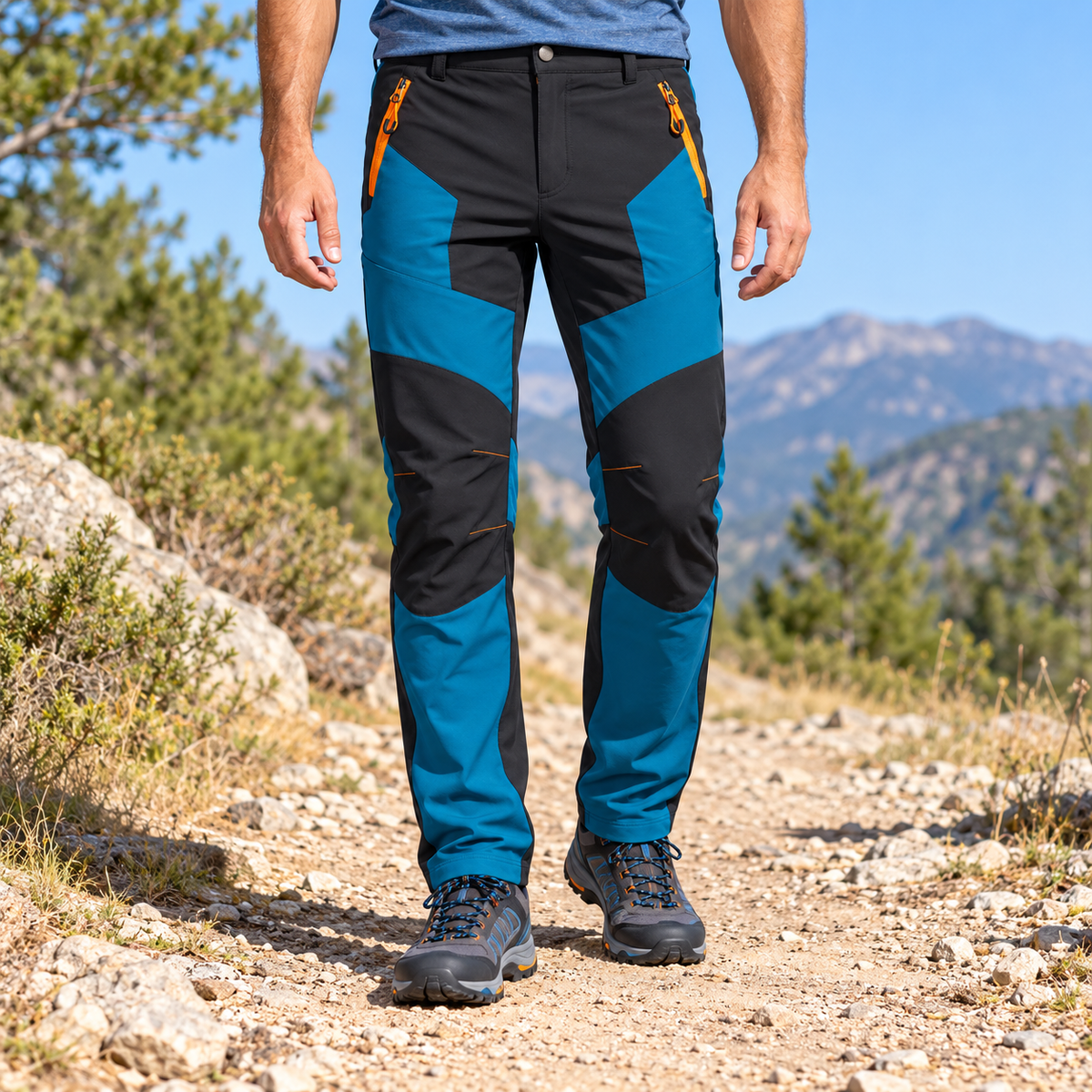 Pantalon randonnée respirant bleu et noir porté de face sur sentier