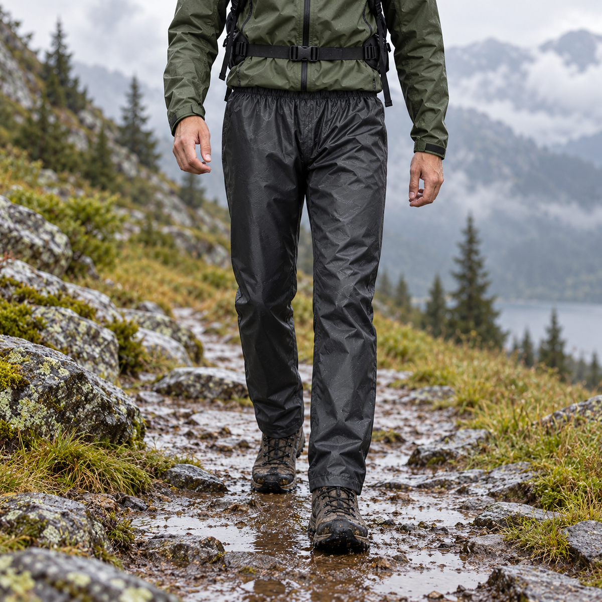 Pantalon randonnée slim gris foncé porté sur sentier humide