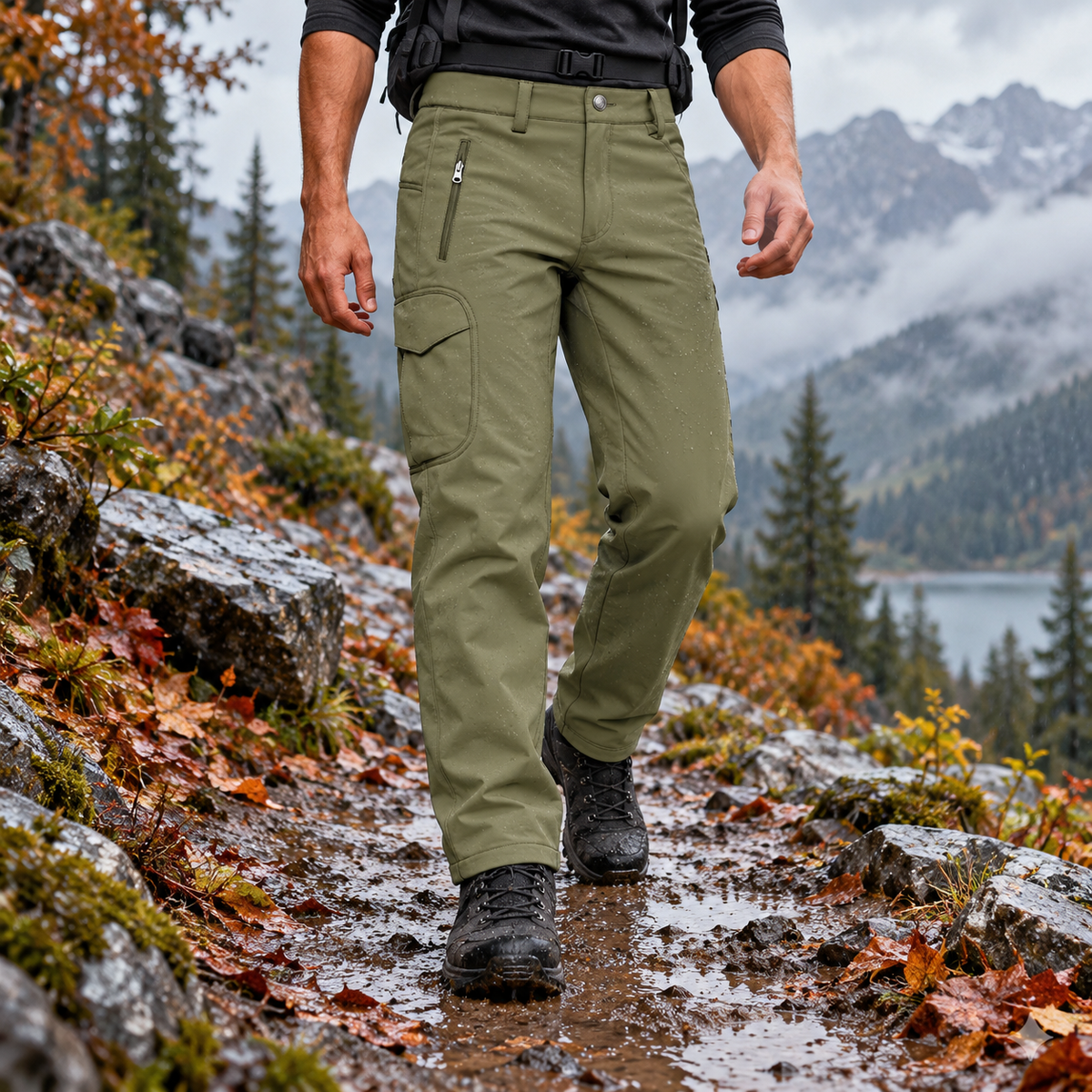 Pantalon randonnée softshell homme olive porté sur sentier humide