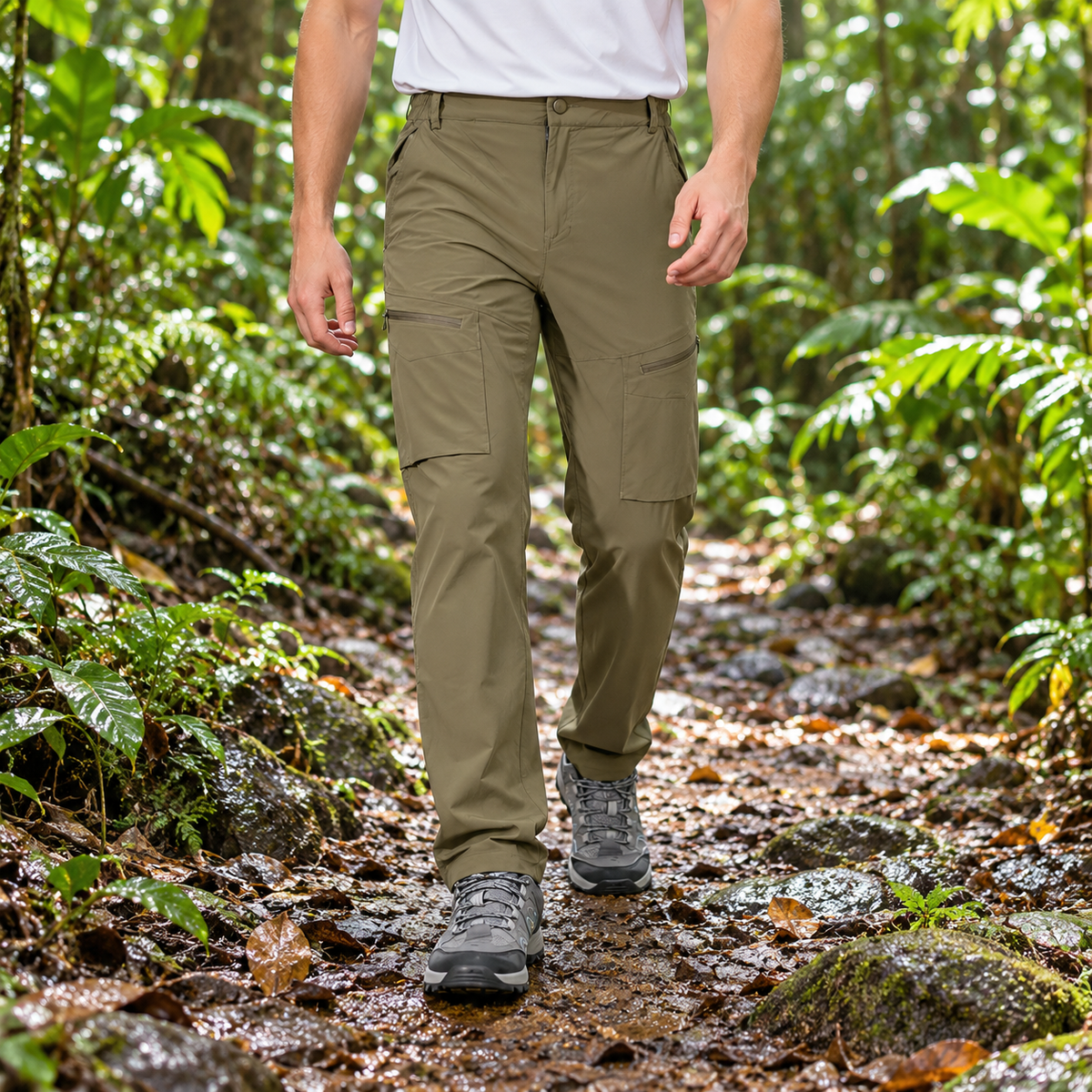 Pantalon randonnée tropicale olive porté en forêt humide