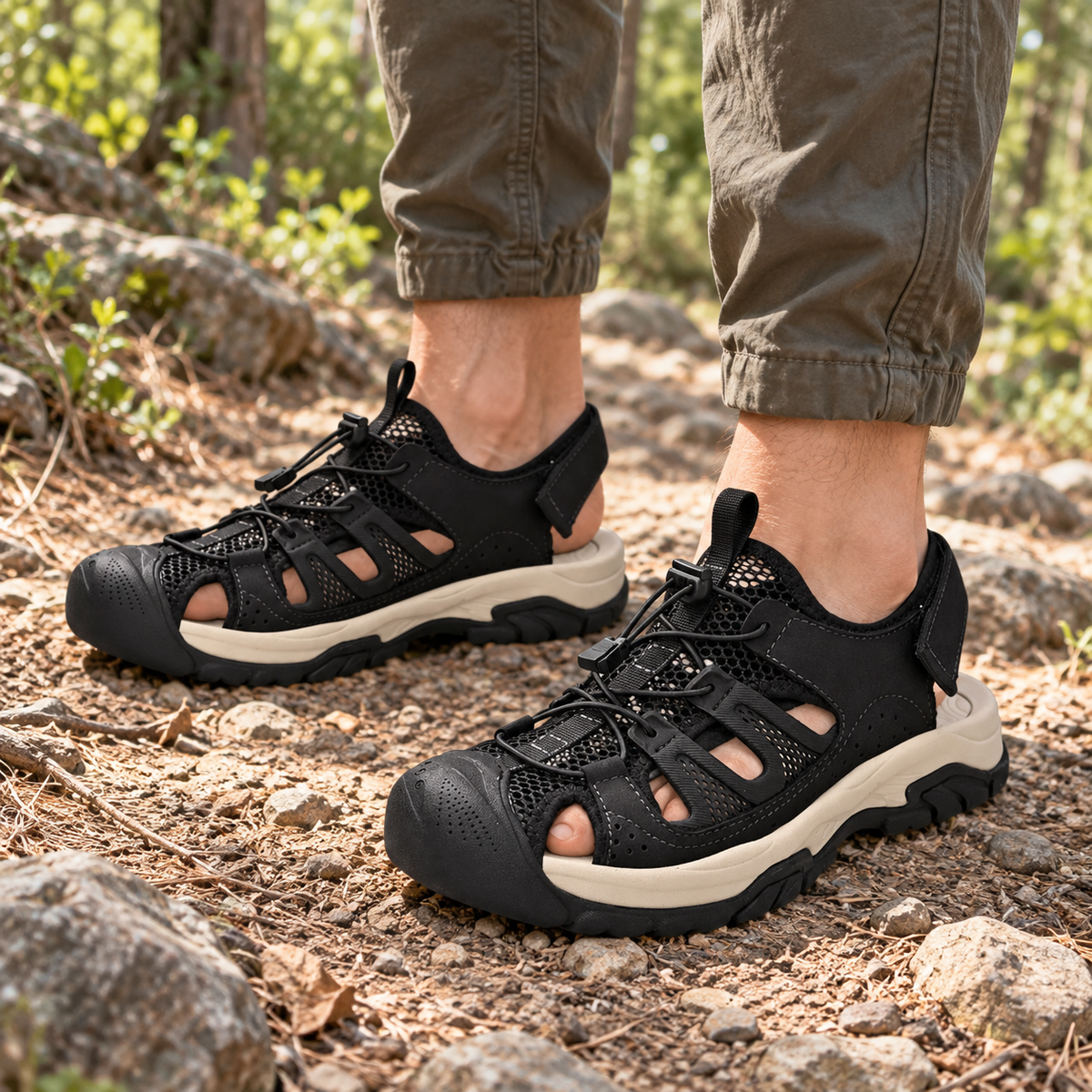 Paire complète de sandales légères de randonnée noires portée avec deux pieds visibles sur sentier forestier