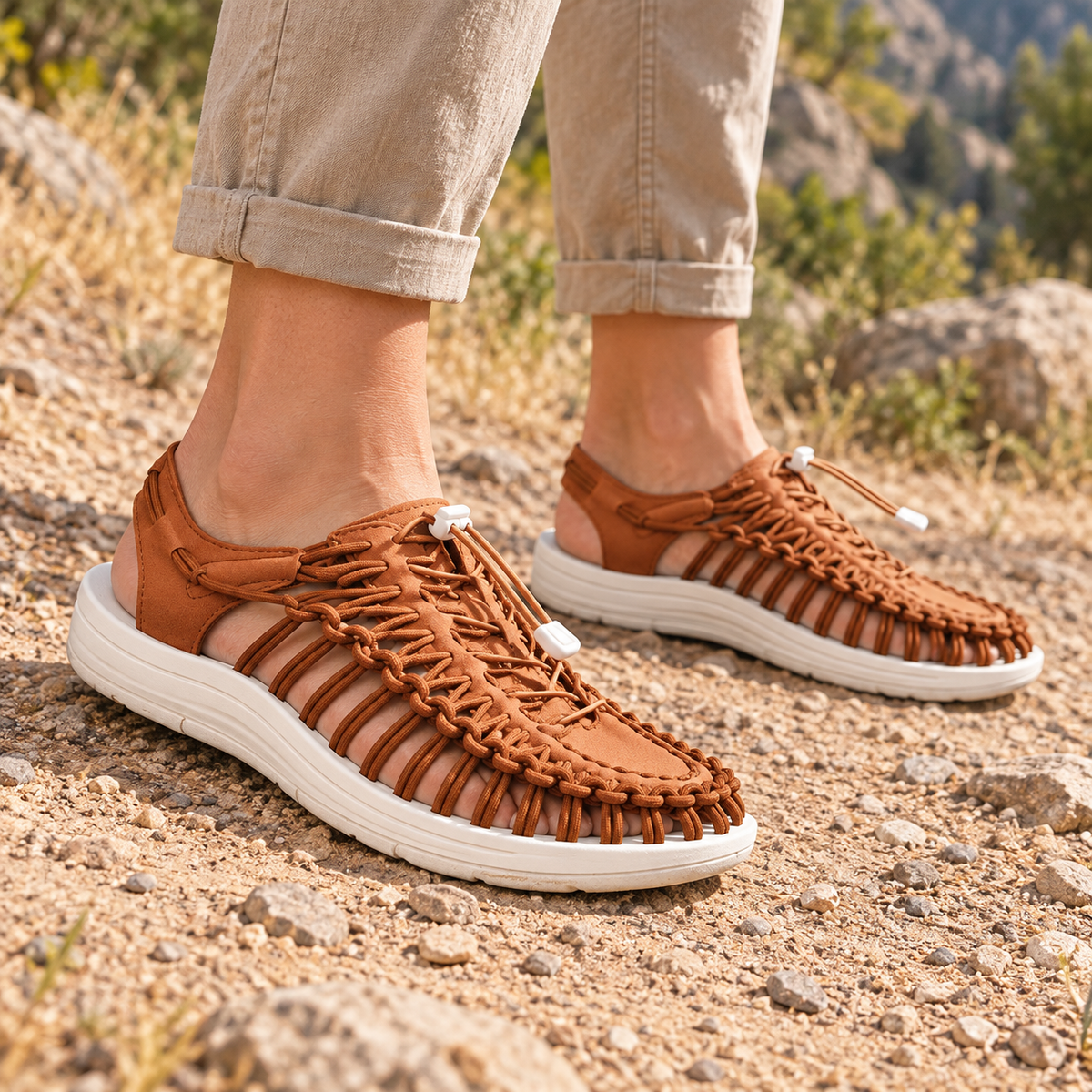 Paire complète de sandales de randonnée en toile marron portée avec exactement deux pieds visibles sur sentier