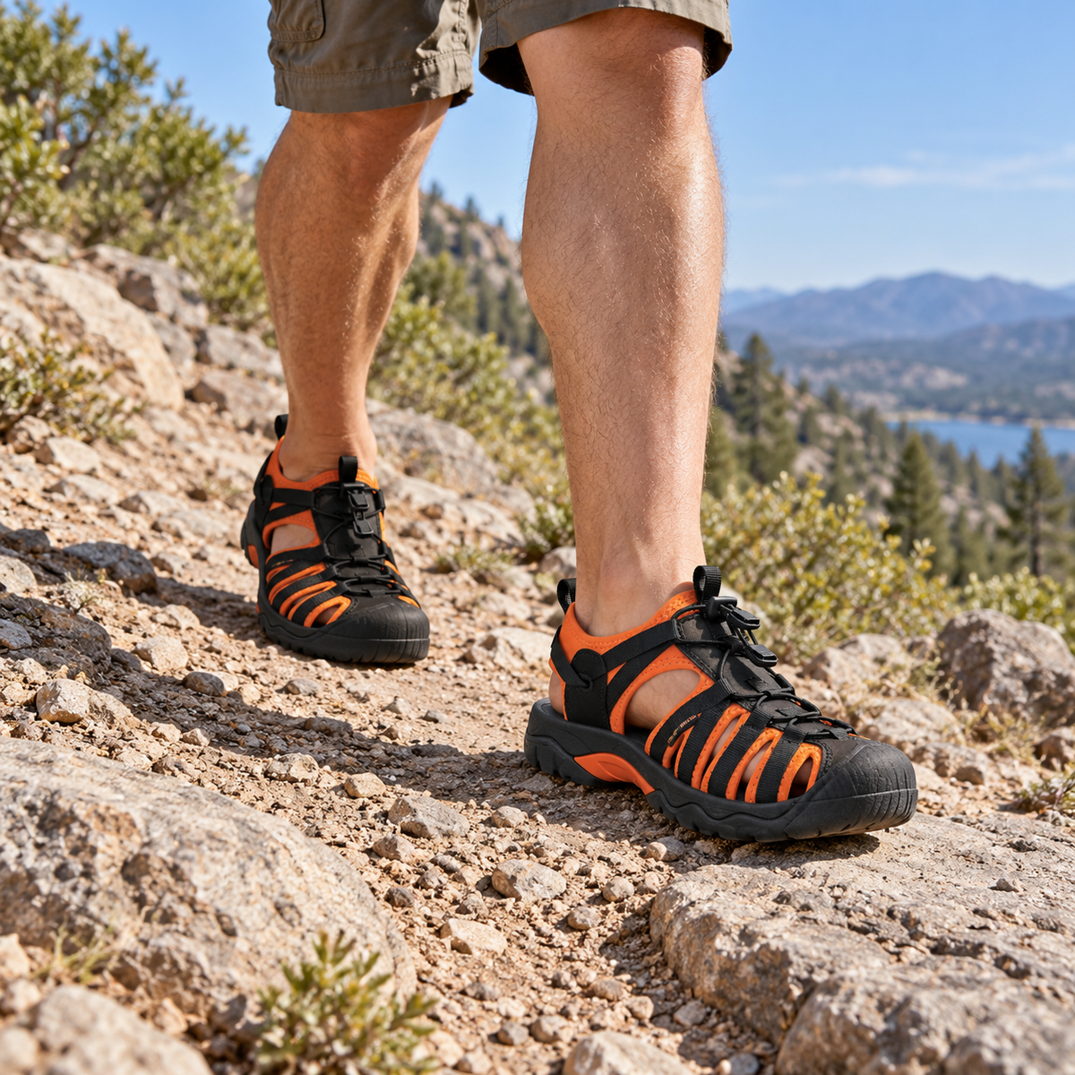 Sandales randonnée orange portées sur sentier