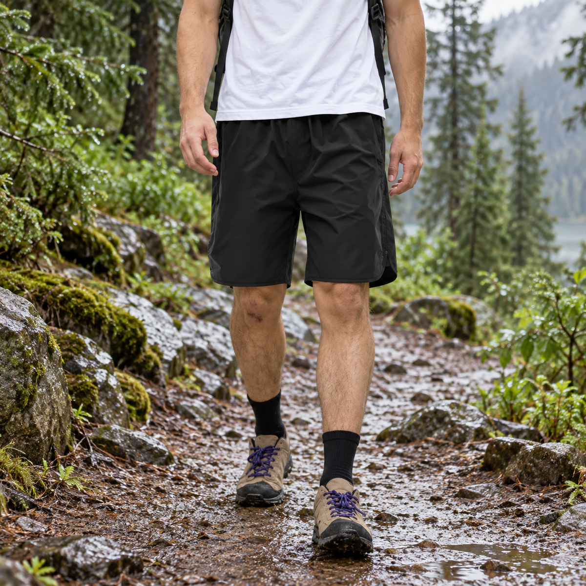 Short de randonnée homme imperméable noir porté sur sentier humide