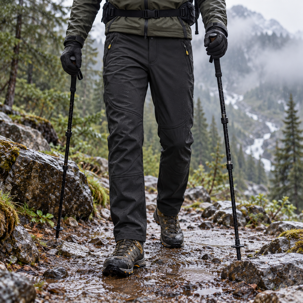 Sur pantalon imperméable randonnée noir porté sous pluie légère sur sentier