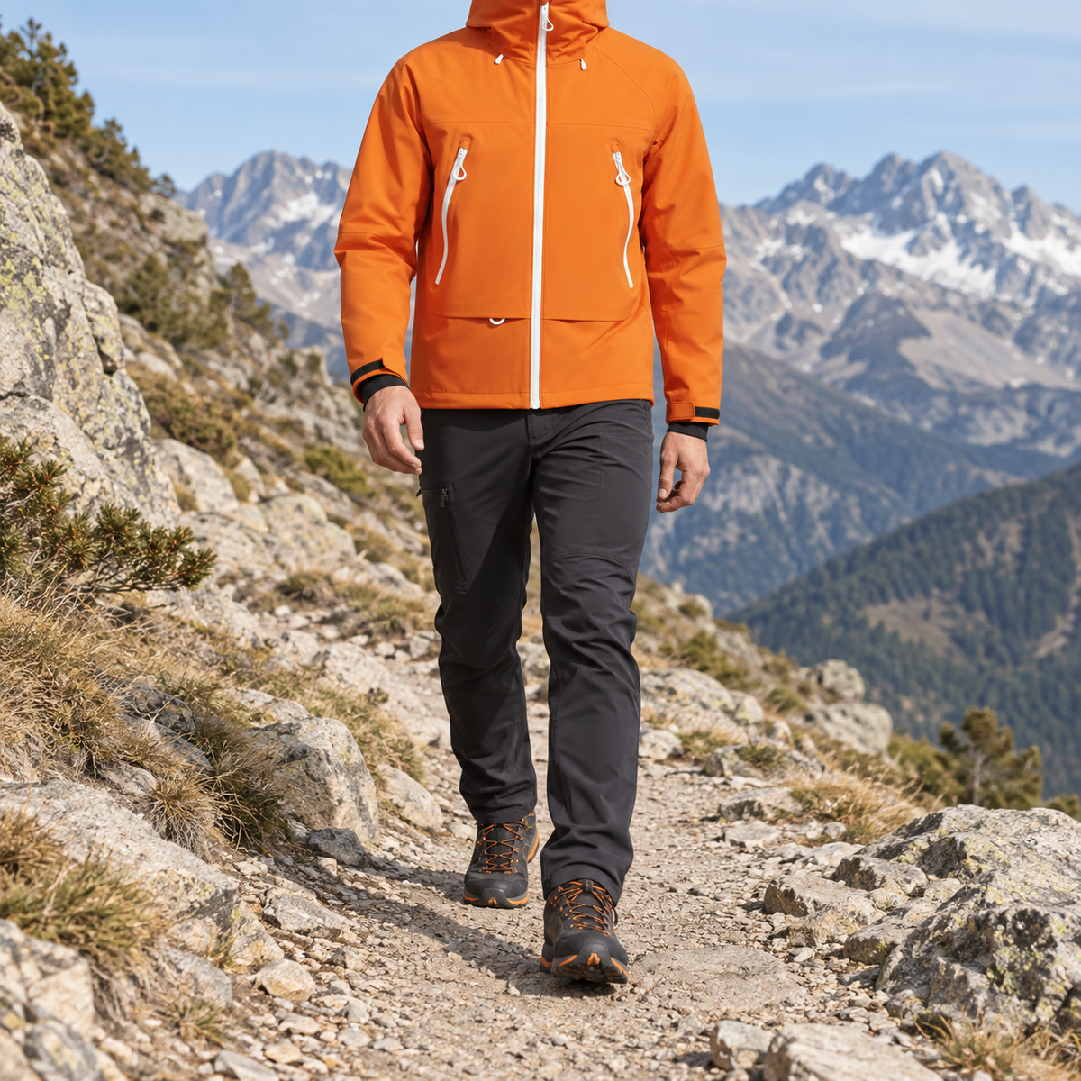 Veste Coupe Vent Randonnée Homme orange portée sur un sentier