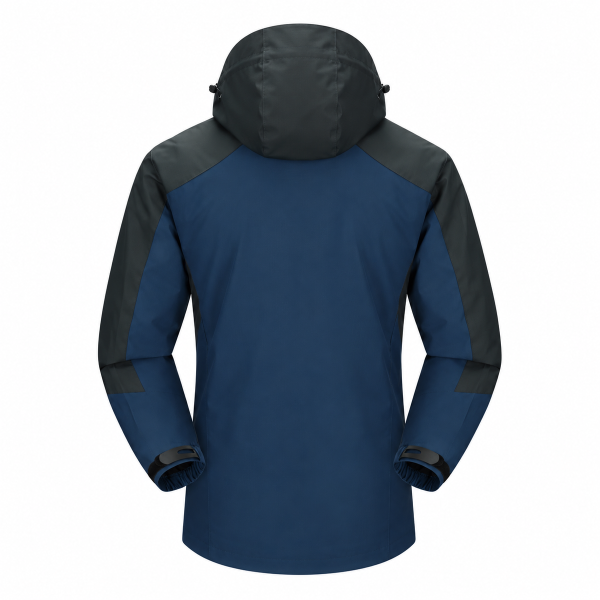 Veste femme de randonnée bleu marine et noire vue de dos avec capuche