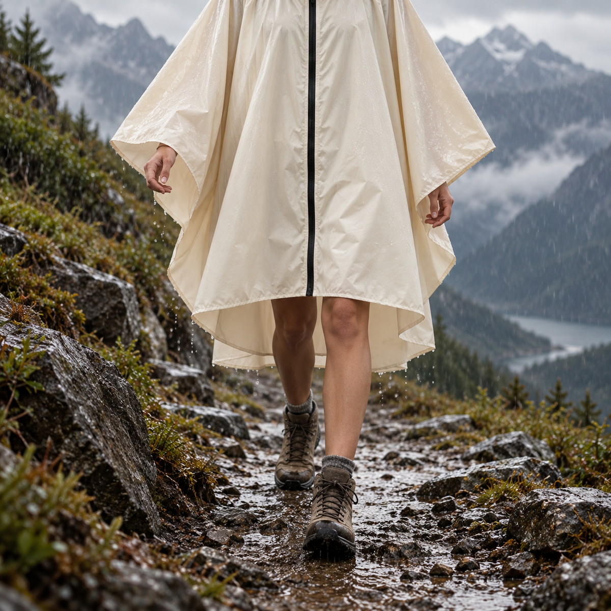 Poncho long imperméable de randonnée beige porté sous la pluie