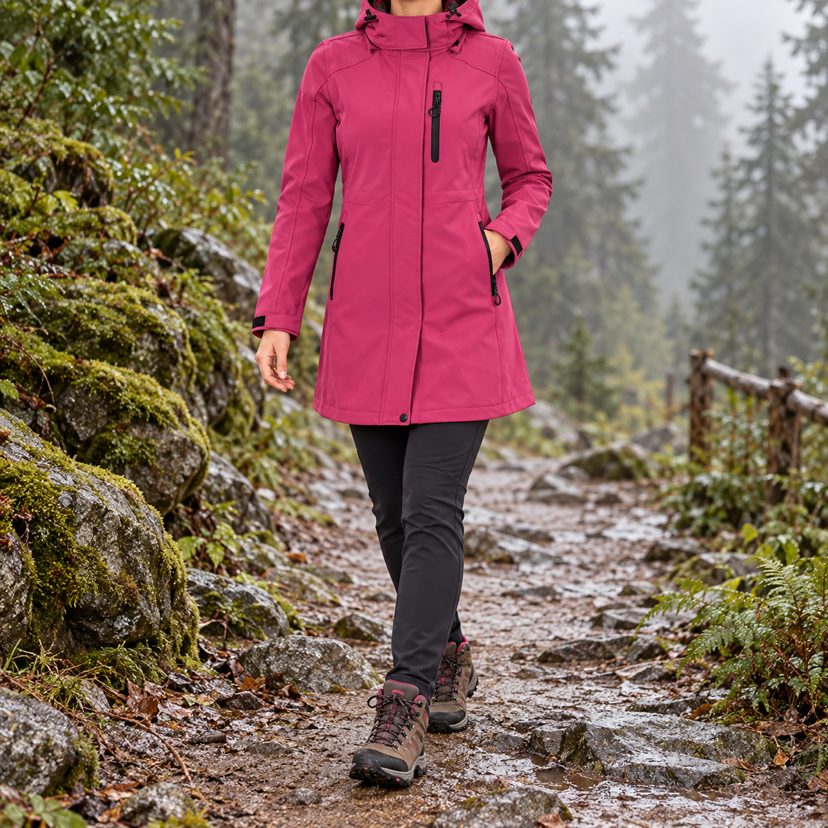 Veste longue randonnée femme rose portée sur sentier