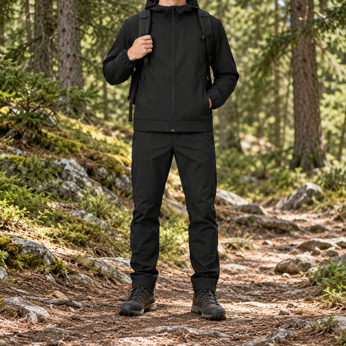 Veste de randonnée mi-saison homme noire portée de face