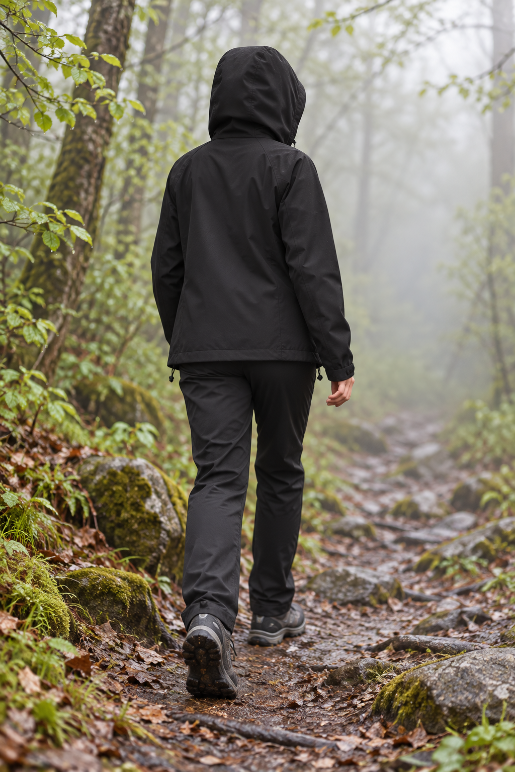 Veste mi saison randonnée femme noire portée en forêt