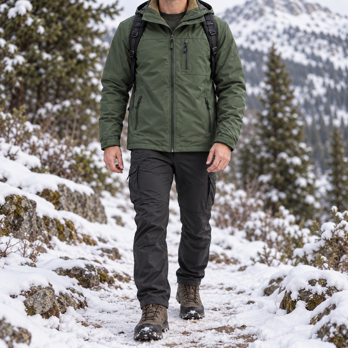 Veste parka randonnée homme vert armé portée de face