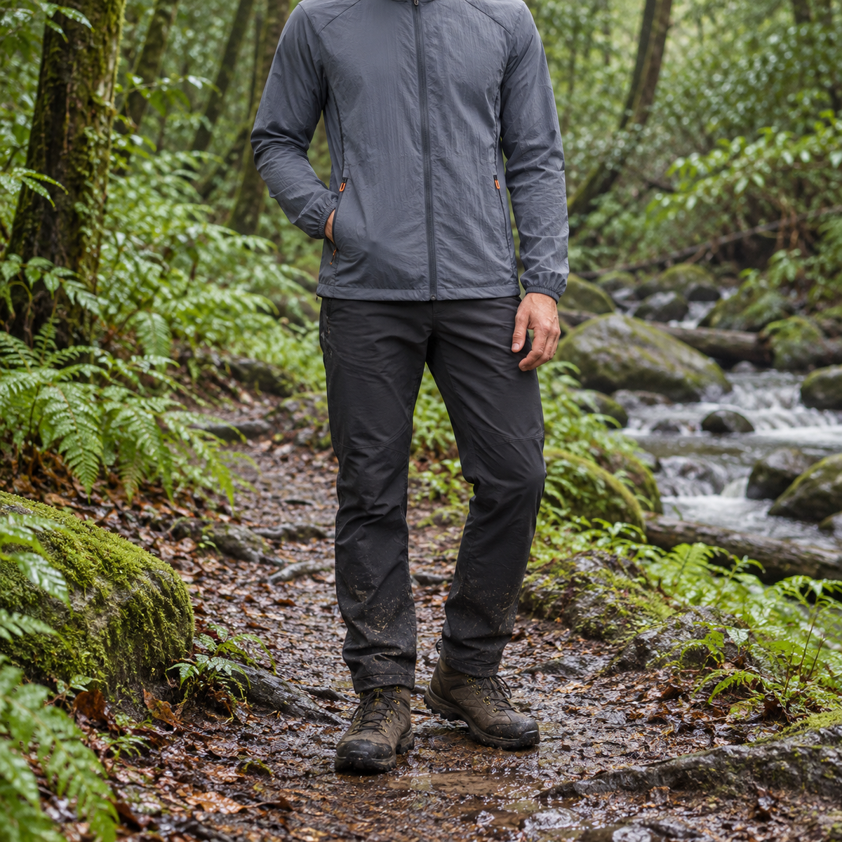 Veste pluie randonnée été homme Slategray portée sur sentier humide