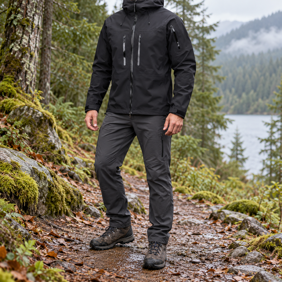 Veste randonnée 3 en 1 homme noire portée sur sentier