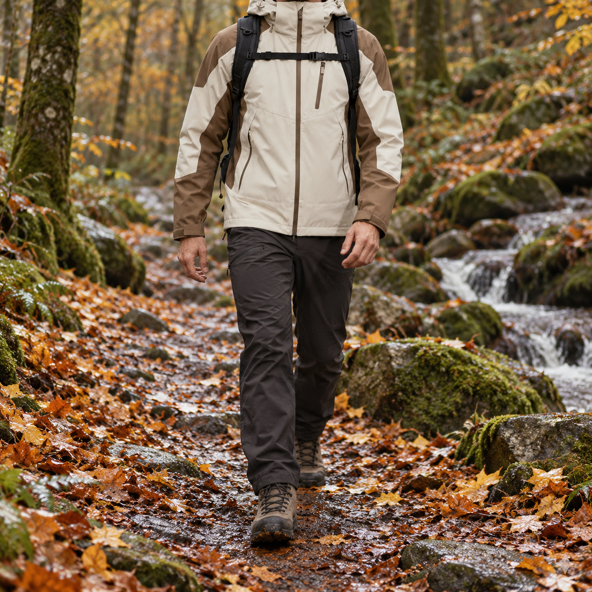 Veste randonnée automne beige portée sur un sentier