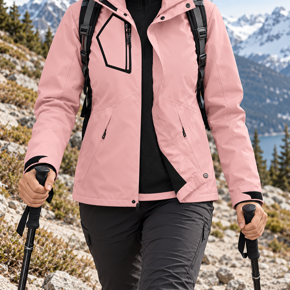 Veste randonnée femme doublée polaire rose portée sur sentier