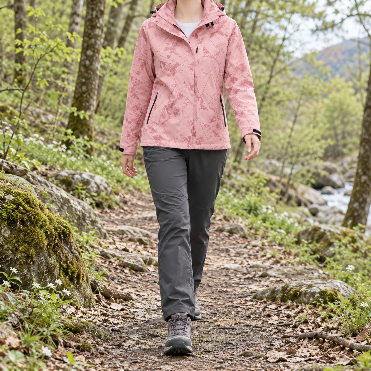 Veste randonnée femme printemps Rose 1 portée sur un sentier