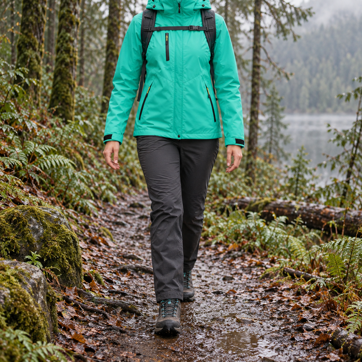 Veste randonnée femme verte portée sur un sentier humide