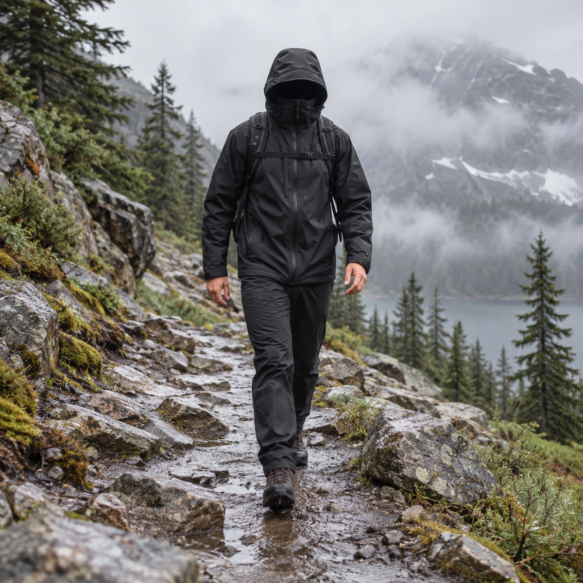 Veste randonnée homme déperlante noire portée sur sentier humide
